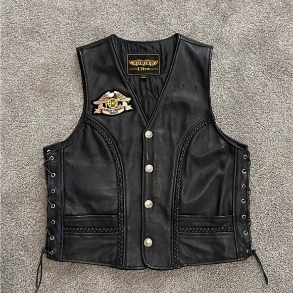 Unik Black Leather Vest with Lace-Up Sides, Braided Leather, HOG Patches LARGE - Picture 3 of 15